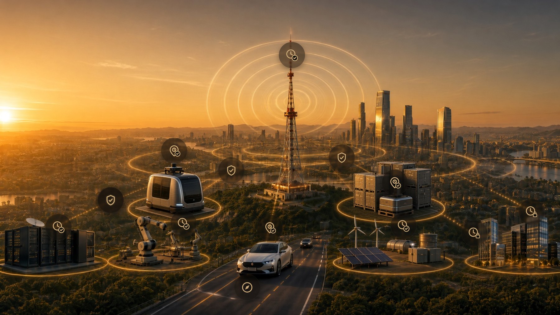 A broadcast tower at golden hour radiating trusted time and position across a city — reaching a data centre, robotic assembly cells, an autonomous shuttle, a connected car, solar and wind generation, and commercial buildings