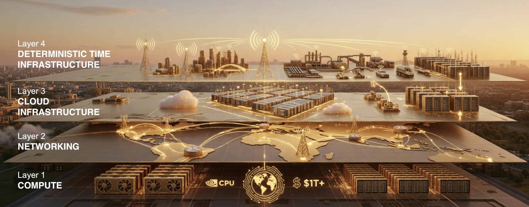 Four stacked infrastructure layers — Layer 1 compute, Layer 2 networking, Layer 3 cloud infrastructure, and Layer 4 Deterministic Time Infrastructure carrying towers, cities, factories and fleets